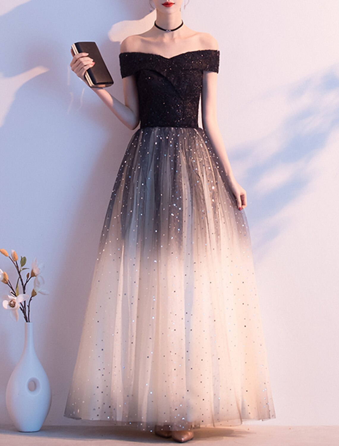 A-Line Evening Gown Glittering Dress Party Wear Formal Evening Floor Length Short Sleeve Off Shoulder Tulle with Sequin